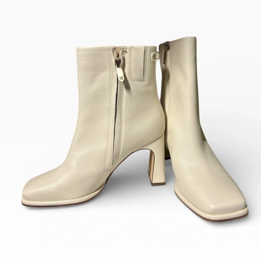 🌻NEW w/box Sam Edelman Irie Ivory Leather Square Toe Block Heel Ankle Booties 6